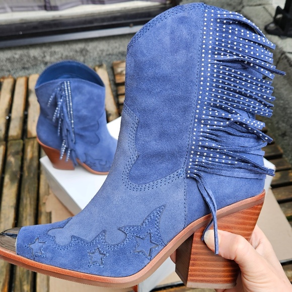 Aldo x Tezza Desert Star Blue Suede Fringe Booties - Picture 3 of 12